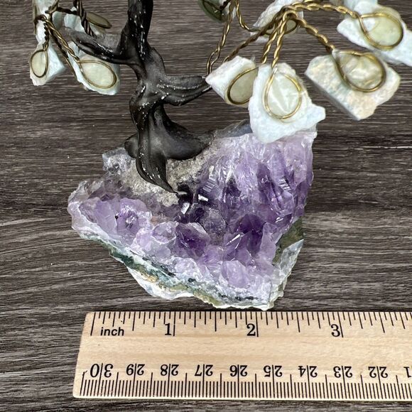 Rock Tree Amethyst Geode Amazonite Leaves 5” Crystal Rock Wire Art - Picture 6 of 7